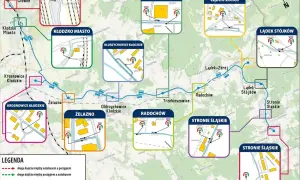 Mapa pokazuje trasy autobusów i pociągów, jak sprawdzić czy pociąg jest opóźniony, zaznaczając przystanki i budynki.