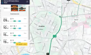 Jak dojść z dworca PKP na Rynek w Krakowie? Mapa pokazuje trasę tramwajem nr 18, która trwa 9 minut.