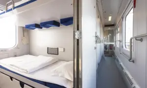 Wygodna kuszetka Gdynia - Zakopane cena jest przystępna. Wnętrze wagonu sypialnego z łóżkami i korytarzem.