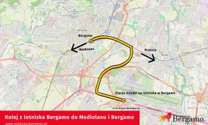 Trasa kolejowa z lotniska Bergamo do Mediolanu i Bergamo. Mapa pokazuje drogę z lotniska w Bergamo do Mediolanu.
