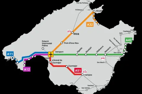 Mapa dróg i linii kolejowych Majorki. Widoczne lotnisko, Palma, Inca, Alcúdia i inne miejscowości.