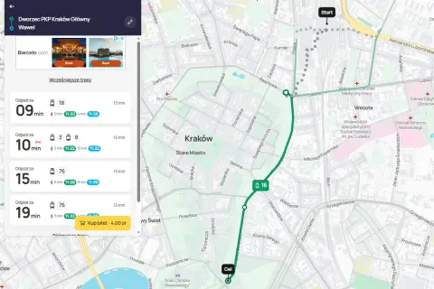 Jak dojść z dworca PKP na Rynek w Krakowie? Mapa pokazuje trasę tramwajem nr 18, która trwa 9 minut.