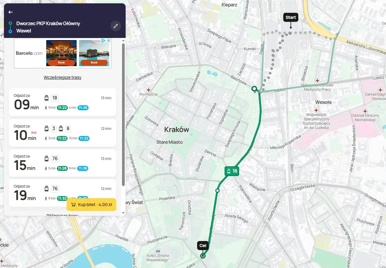 Jak dojść z dworca PKP na Rynek w Krakowie? Mapa pokazuje trasę tramwajem nr 18, która trwa 9 minut.