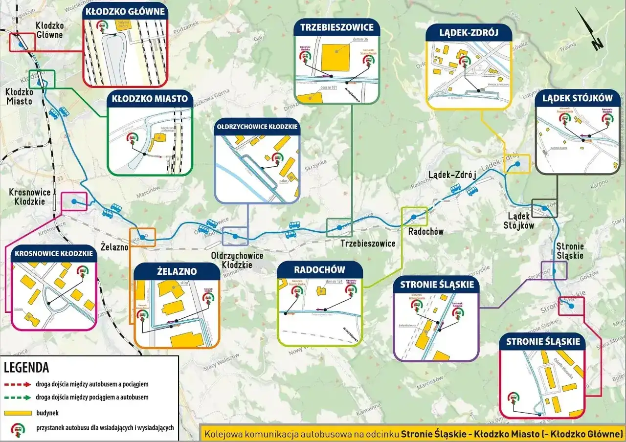 Mapa pokazuje trasy autobusów i pociągów, jak sprawdzić czy pociąg jest opóźniony, zaznaczając przystanki i budynki.