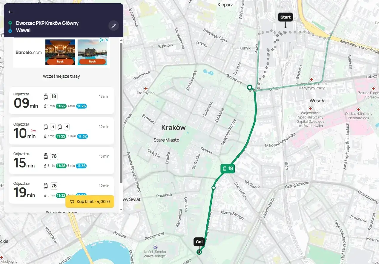 Jak dojść z dworca PKP na Rynek w Krakowie? Mapa pokazuje trasę tramwajem nr 18, która trwa 9 minut.
