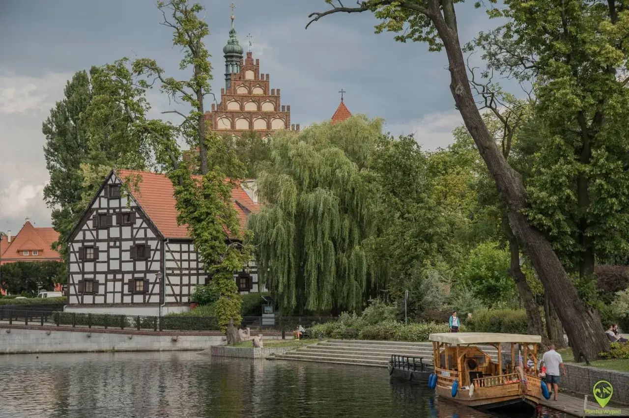 Nad wodą, wśród zieleni, widać zabytkowe kamieniczki i wieżę kościelną. To jedno z magicznych miejsc Kujawsko-Pomorskiego.