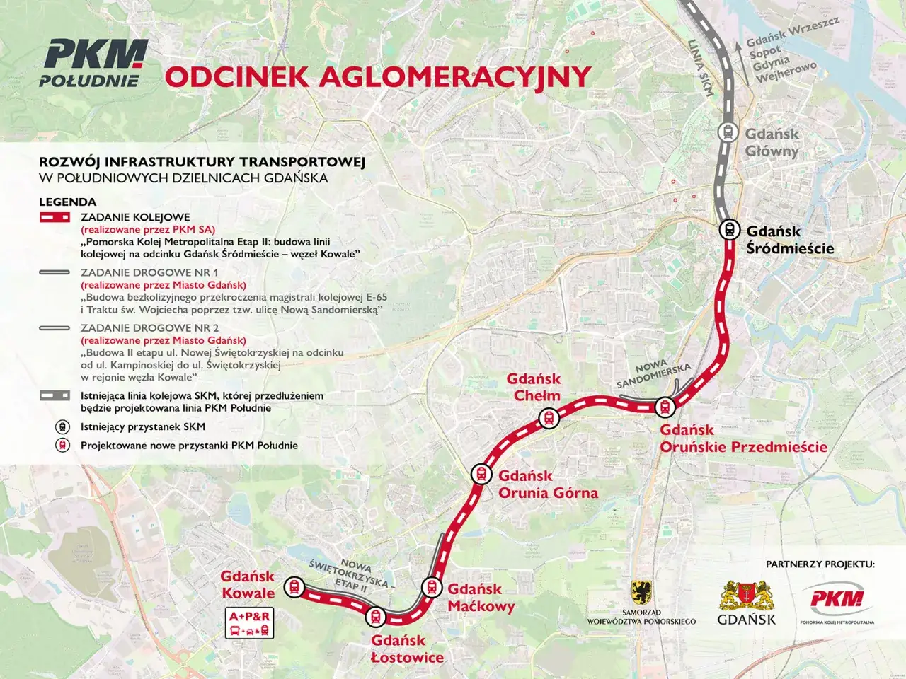 Mapa pokazuje rozwój infrastruktury transportowej w Gdańsku, obejmujący odcinek aglomeracyjny PKM Południe, łączący Gdańsk Śródmieście z Kowalami, z zaznaczonymi stacjami SKM i nowymi przystankami.