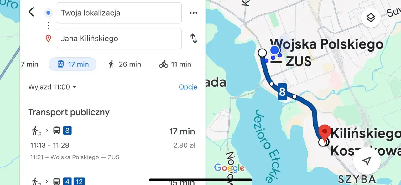 Rozkład jazdy Ełk: podróż z ul. Jana Kilińskiego do Wojska Polskiego - ZUS autobusem linii 8 zajmie 17 minut.