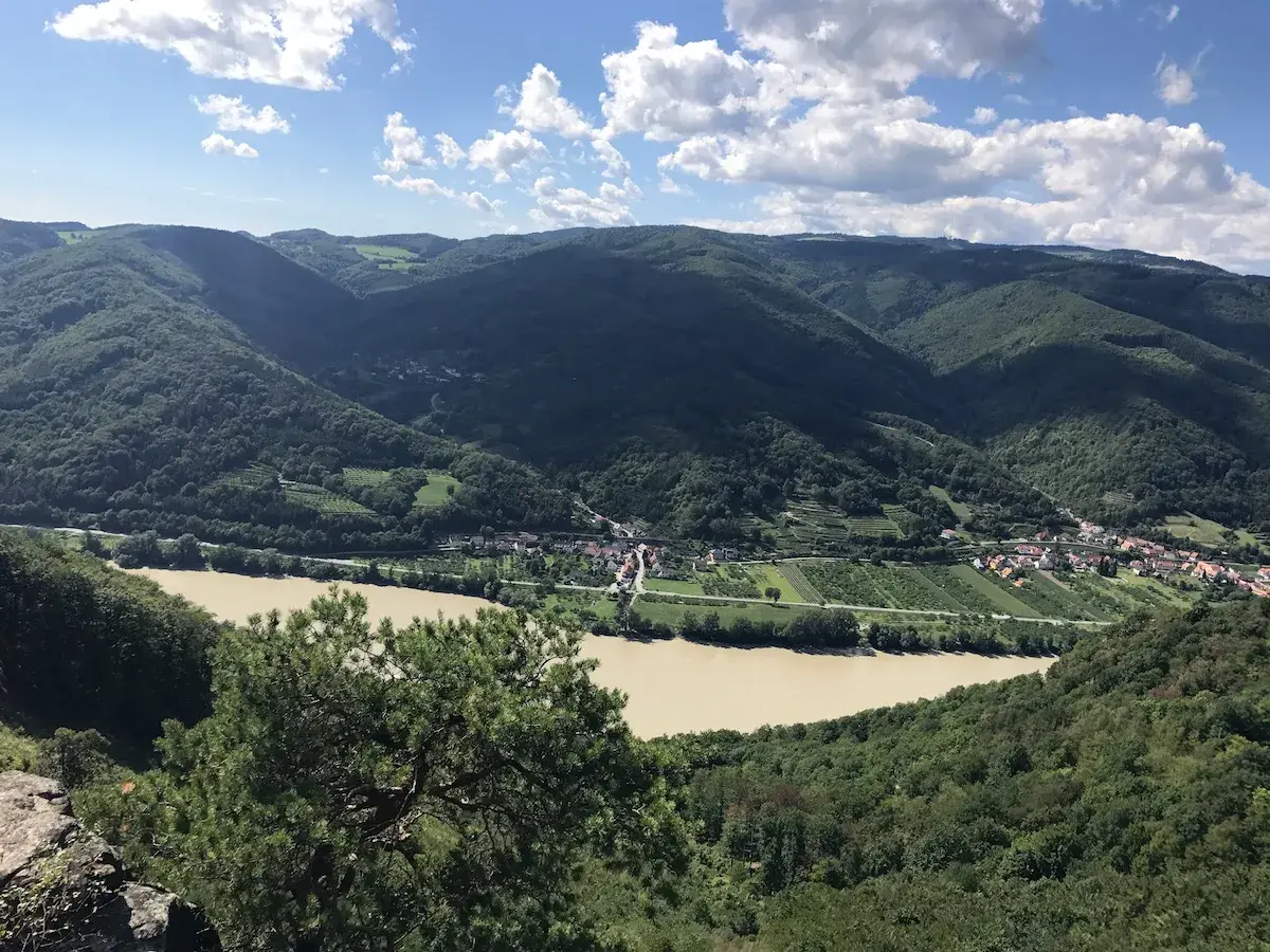 Malowniczy krajobraz Wachau z rzeką Dunaj, zielonymi wzgórzami i urokliwą wioską.