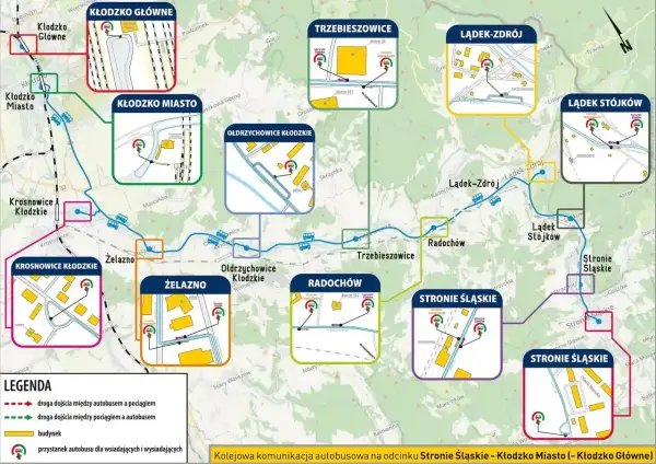 Mapa pokazuje trasy autobusów i pociągów, jak sprawdzić czy pociąg jest opóźniony, zaznaczając przystanki i budynki.