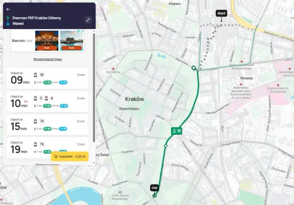 Jak dojść z dworca PKP na Rynek w Krakowie? Mapa pokazuje trasę tramwajem nr 18, która trwa 9 minut.
